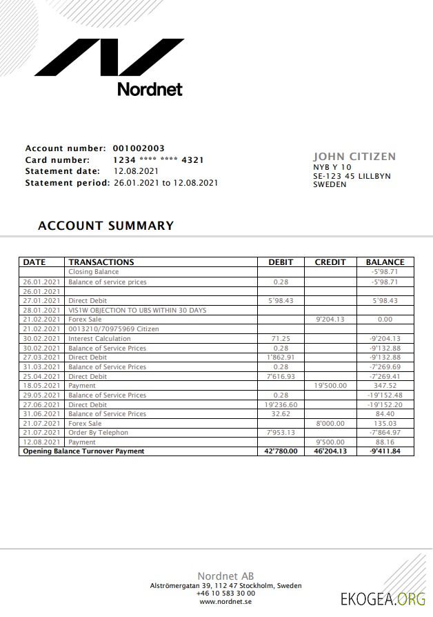 Modèle de relevé bancaire Suède Nordnet AB facile à remplir au format .doc et .pdf, entièrement modifiable